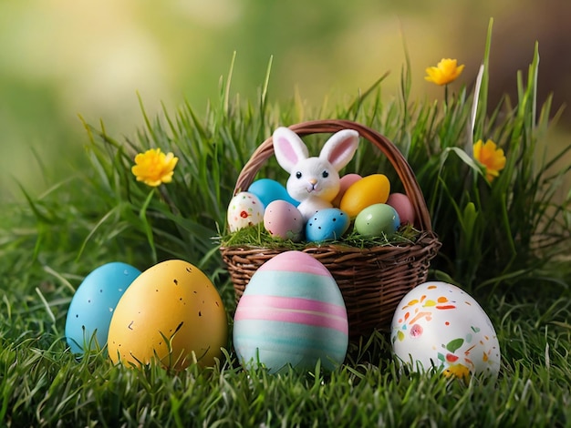 a basket of easter eggs with easter eggs in the grass