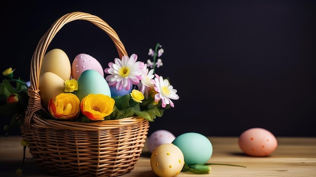 A basket of easter eggs with flowers in the background