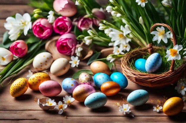 a basket of easter eggs with flowers and a basket of flowers