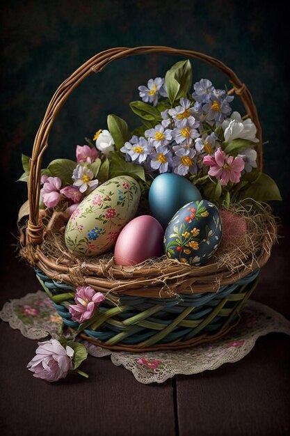 Photo a basket of easter eggs with flowers and a blue flower.