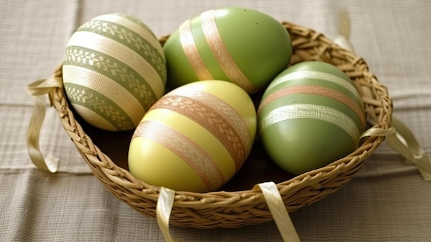 A basket of easter eggs with gold stripes.