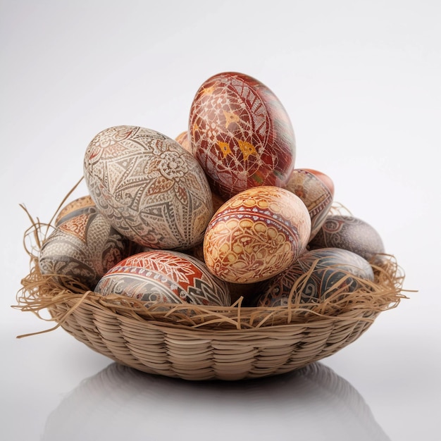 A basket of easter eggs with a pattern of designs on shell