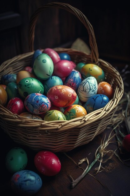 A basket of easter eggs with the word easter on it