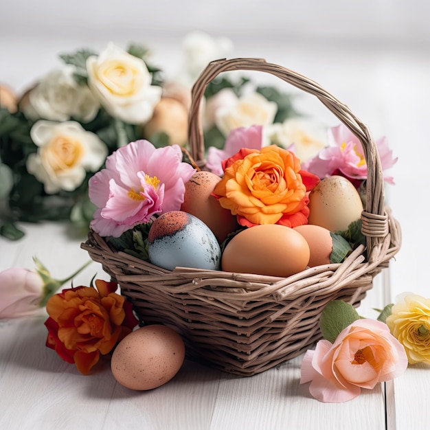 A basket of eggs and flowers with a rose on the side.