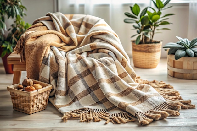 a basket of eggs sits on a wooden floor next to a potted plant