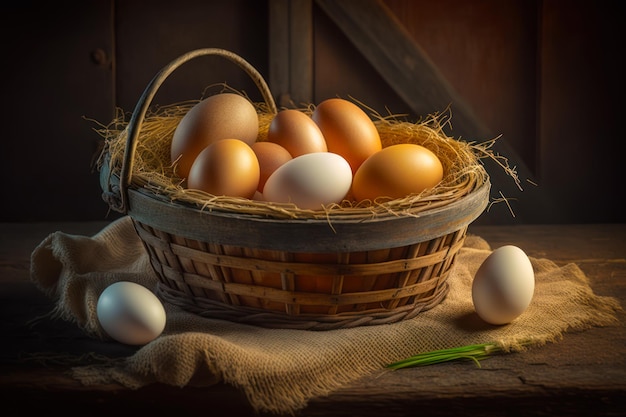 Basket of eggs sitting on top of table next to knife Generative AI