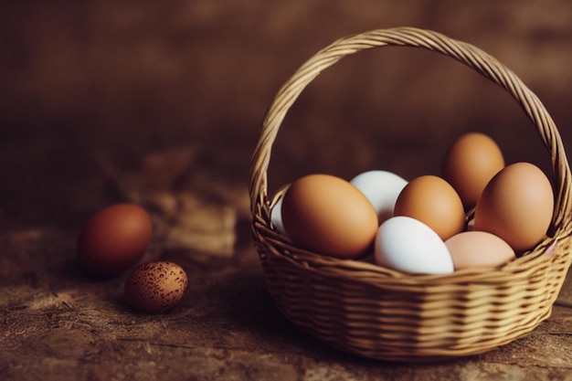 A basket of eggs on a table with a brown background.