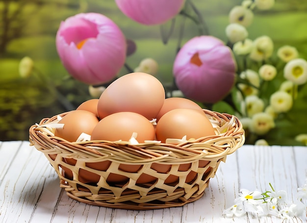 A basket of eggs on a table with a flower background