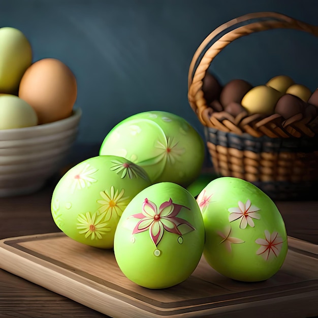 A basket of eggs with a basket of eggs in the background