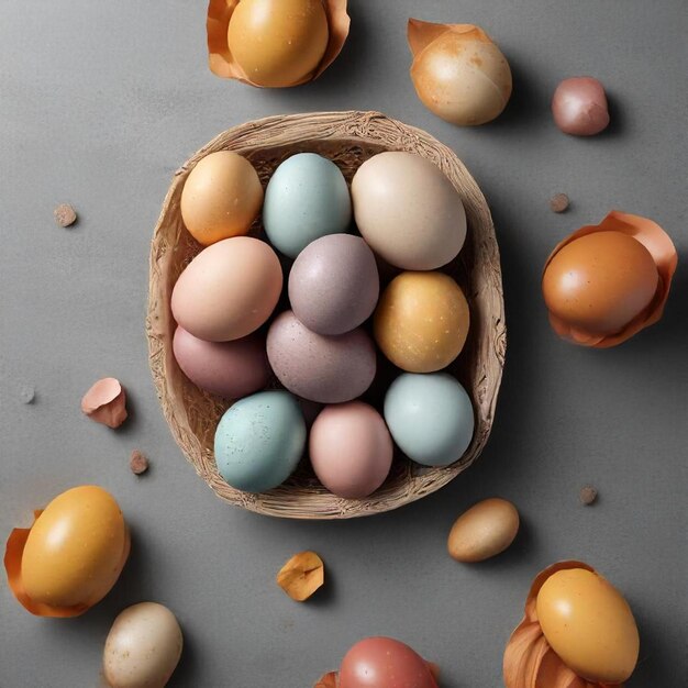 a basket of eggs with a broken shell on the top