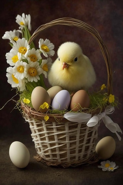 A basket of eggs with a chicken sitting in it.