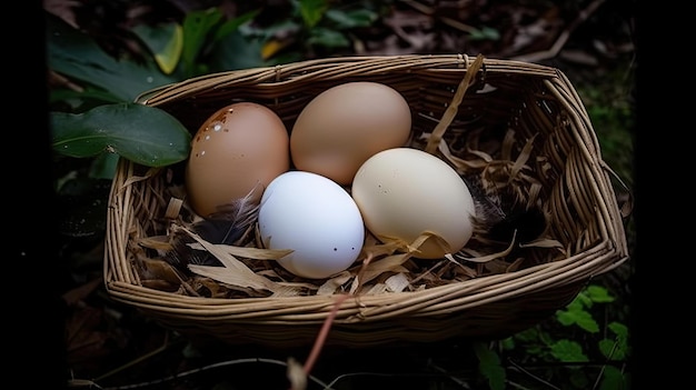 A basket of eggs with a feather on it