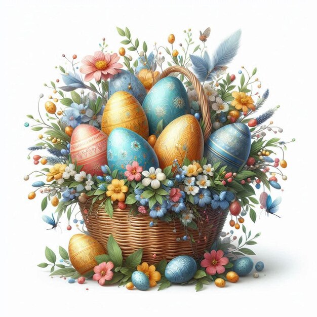 a basket of eggs with flowers and a basket of eggs