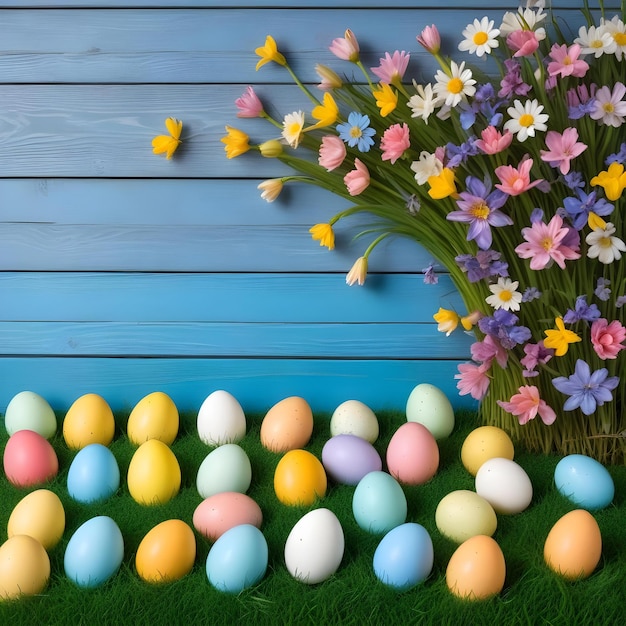 Photo a basket of eggs with flowers and flowers on a tile floor