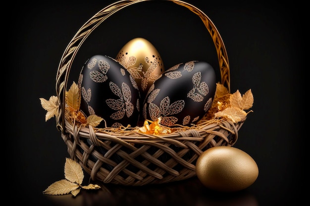 A basket of eggs with gold leaves on a black background