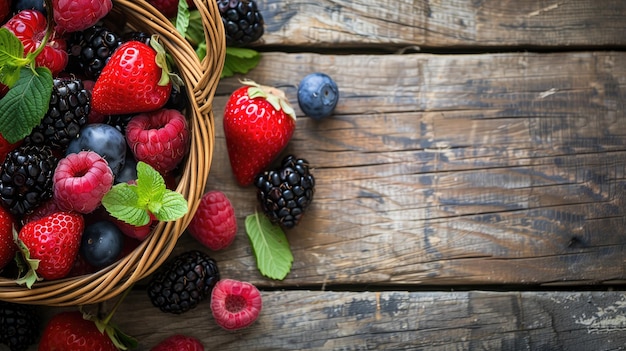 Basket filled with colorful berries on wooden surface