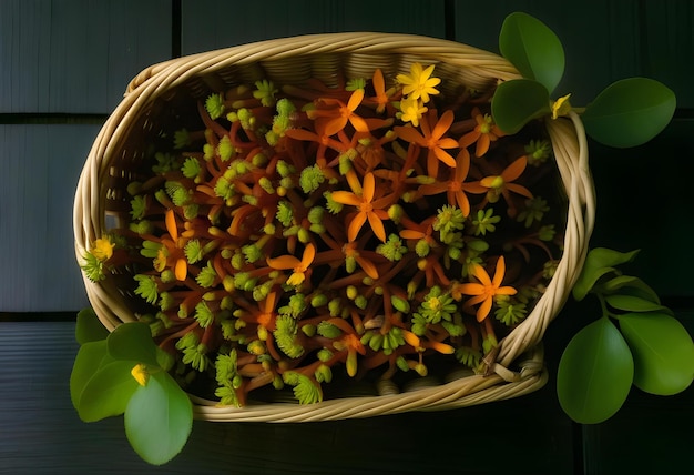 A basket filled with dried roots on a wooden surface