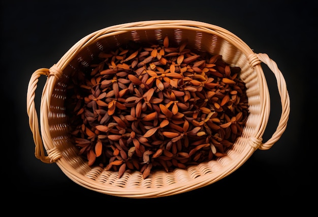 A basket filled with dried roots on a wooden surface