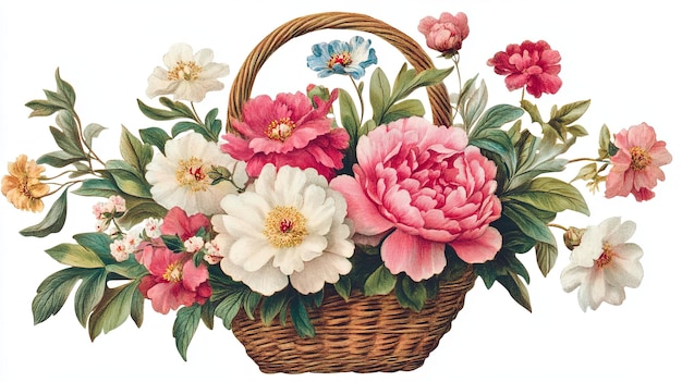 A basket filled with flowers of various colors including white pink and blue