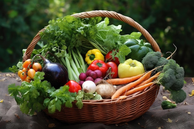 Basket filled with freshly harvested vegetables fruits and herbs created with generative ai