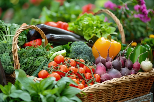 A basket filled with lots of different types of vegetables