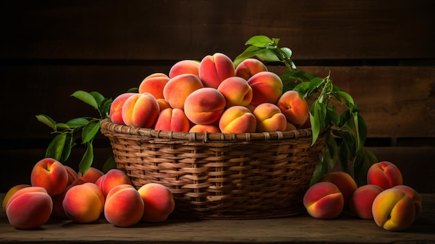 A basket filled with lots of ripe peaches