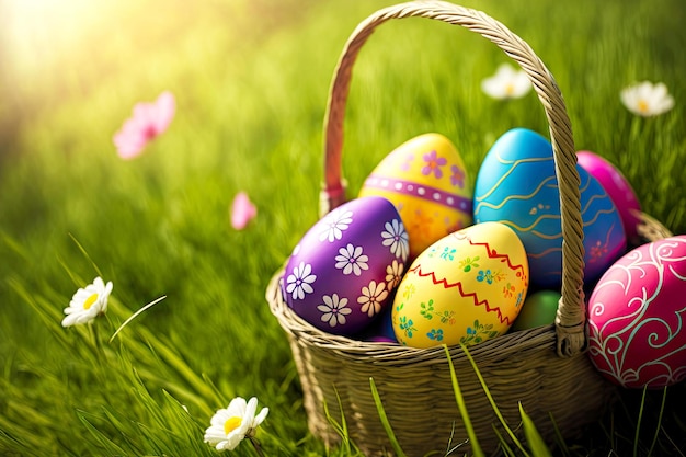 Basket filled with spring symbols in form of painted easter egg