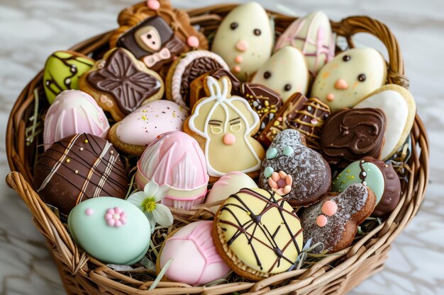 Photo a basket filled with a variety of easterthemed cookies showcasing different shapes colors and flavors a charming display of easterthemed cookies and chocolates arranged in a basket