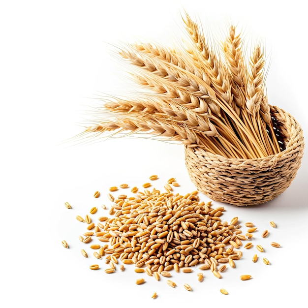 A basket filled with wheat next to a pile of grain clipart isolated on white background