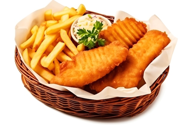 A basket of fish and chips with a dip in it