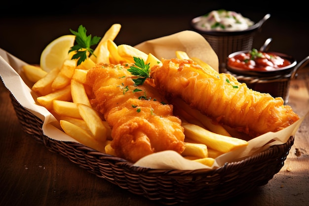 A basket of fish and chips with ketchup on the side