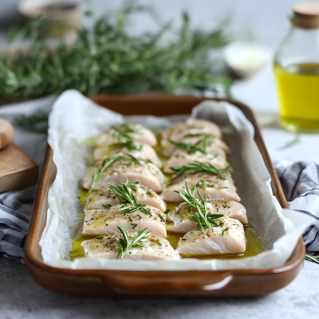 a basket of fish with herbs and herbs on it