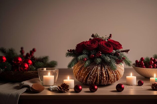 a basket of flowers and a candle with a wreath on it