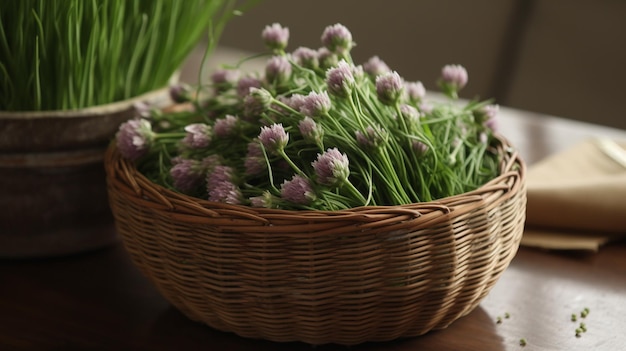 A basket of flowers is on a table with a paper on the side.