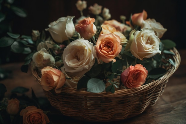 A basket of flowers sits on a table.