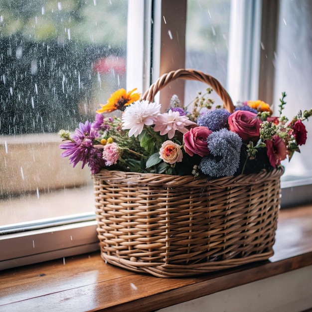 Photo a basket of flowers sits on a window sill with rain drops on the window sill