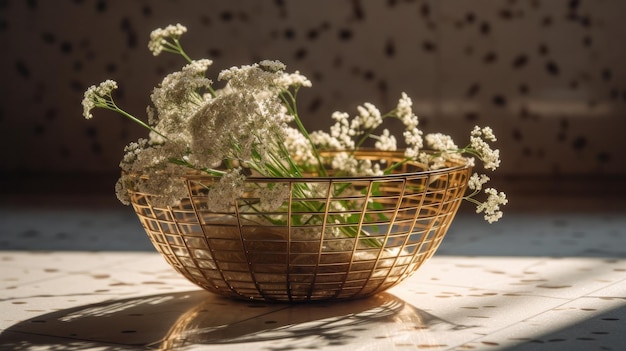 A basket of flowers on a table with a dark background