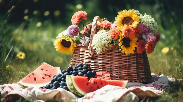 A basket of flowers and a watermelon on a picnic blanket