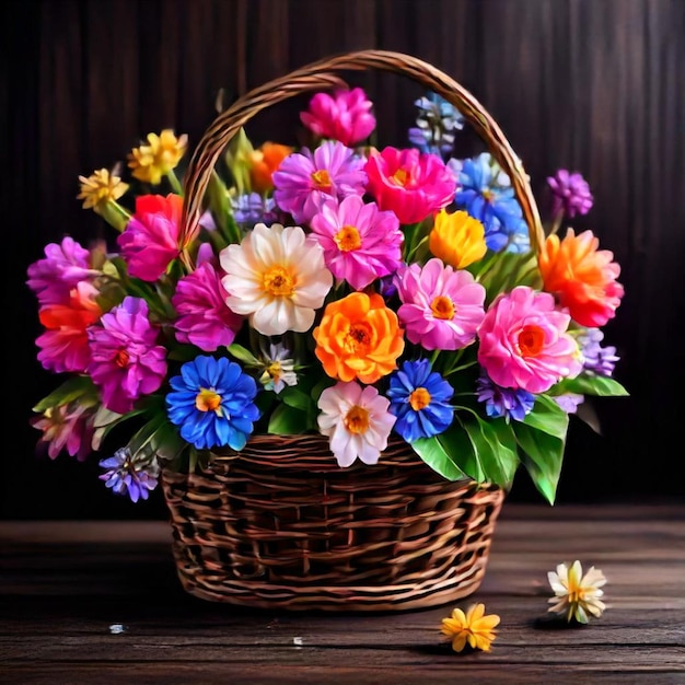 a basket of flowers with a basket of flowers on a table