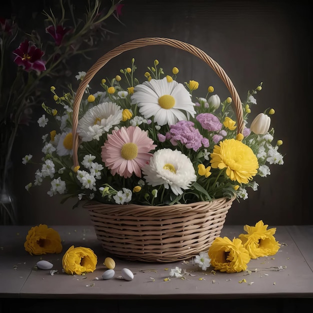 a basket of flowers with a basket of flowers on a table