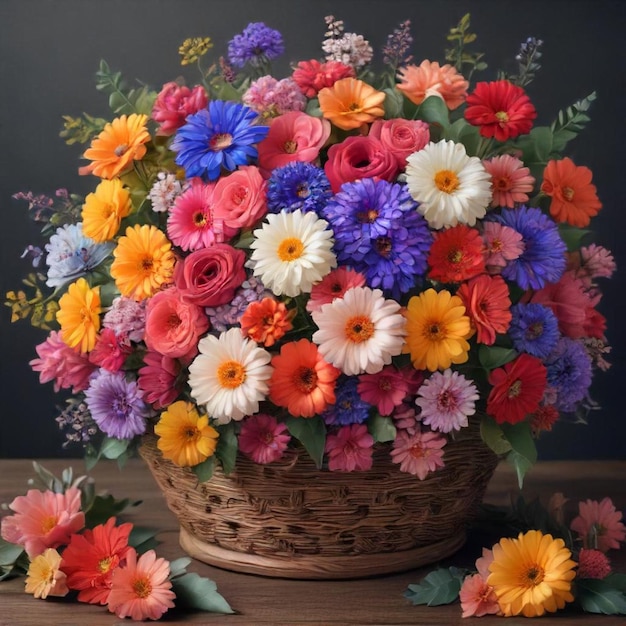 a basket of flowers with a black background and a black background