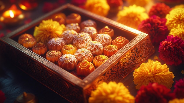 Photo a basket of flowers with a box of flowers in it