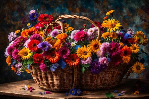 a basket of flowers with a brown basket with a brown basket of flowers