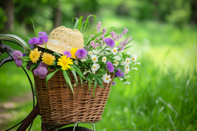 a basket of flowers with a hat and a straw hat on it