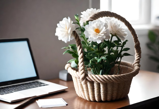 a basket of flowers with a laptop on a desk next to a laptop