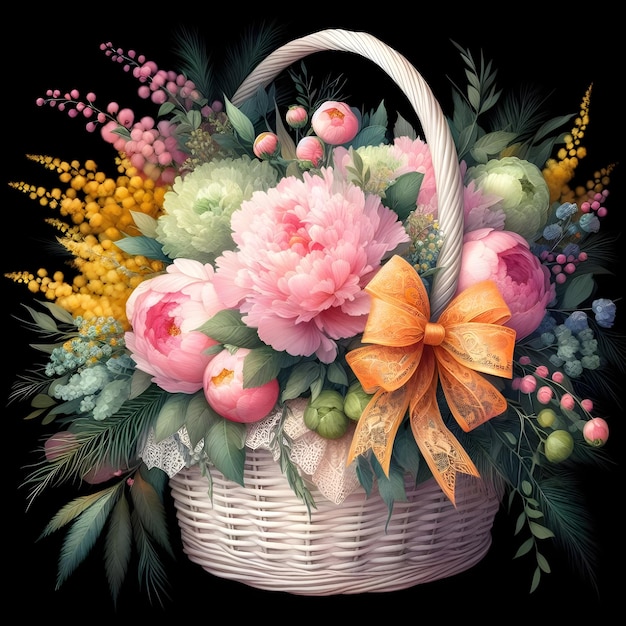 a basket of flowers with a orange bow