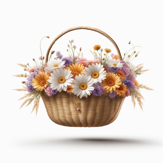 Photo a basket of flowers with a picture of a basket with a label that says  daisies