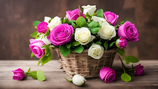 A basket of flowers with a pink and white flowers on a wooden table.