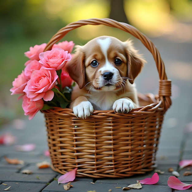 Basket of Flowers with Puppy