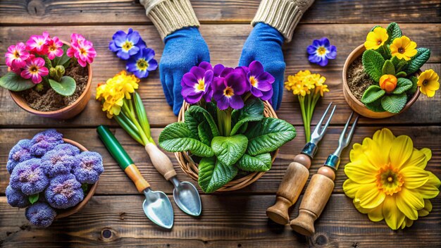 Photo a basket of flowers with a purple flower and a spoon